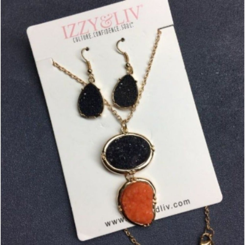 New Izzy & Liv Necklace Earrings Druzy Black Coral Gold Pendant Dangle Pierced
